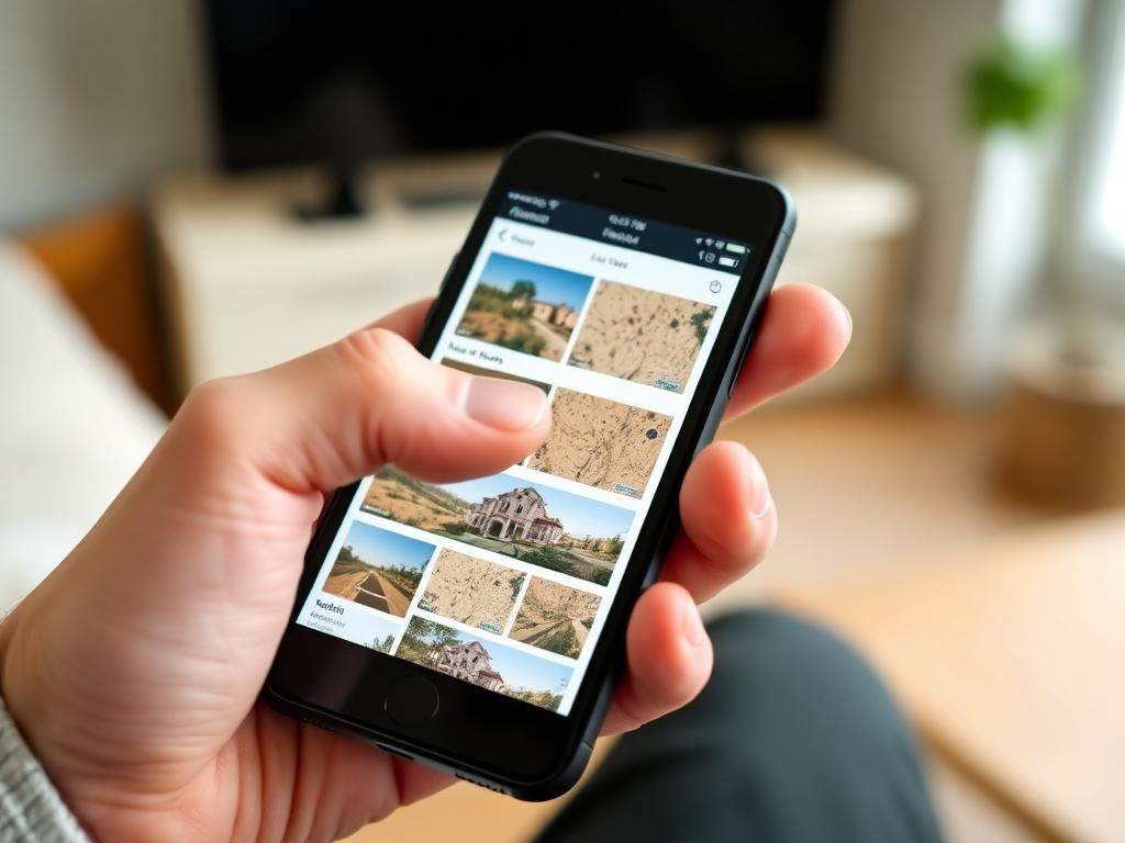 Hand scrolling quickly past dull land listings on a smartphone real estate app