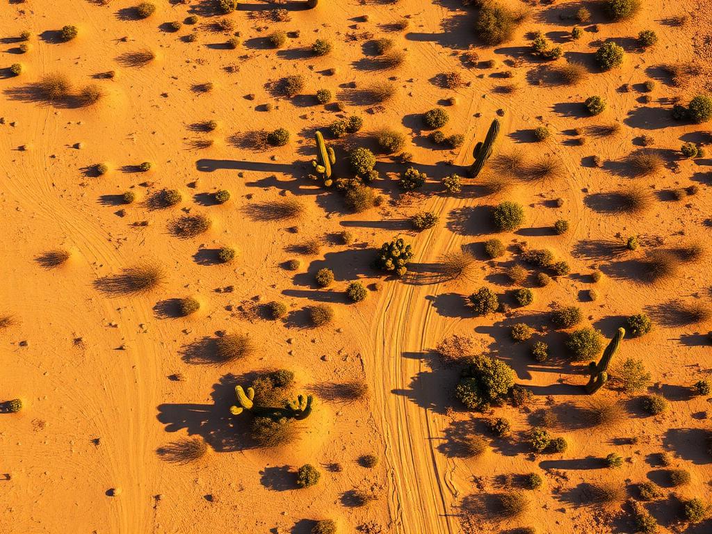 Top-down drone photo of an Arizona desert parcel with saguaro cacti at golden hour