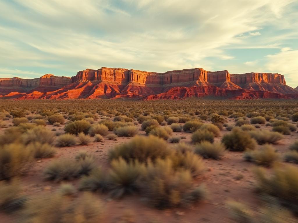Cinematic flyover still of red rock mesas above Arizona desert scrub