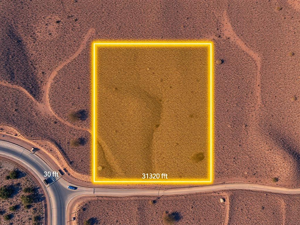 Aerial photo of a desert parcel with a glowing yellow boundary overlay and dimension labels