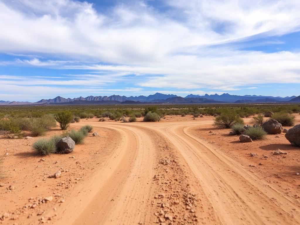 Ground-level photo of dirt road leading into a desert lot with mountains in the distance