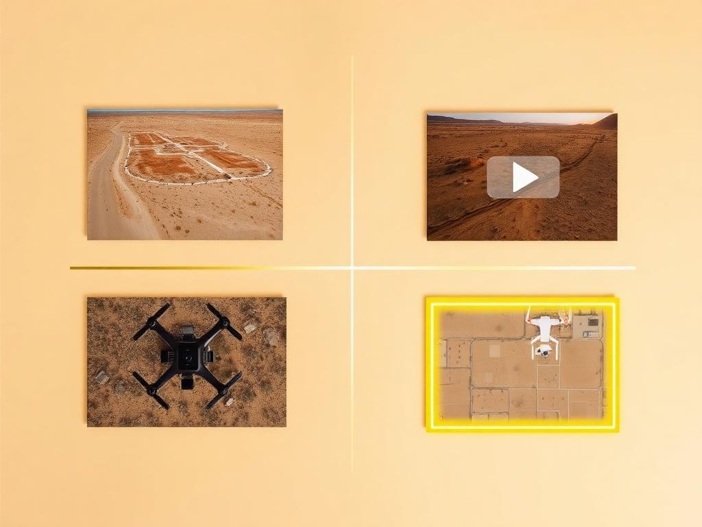 Collage showing a complete land listing media package: aerial, ground, video, and boundary overlay
