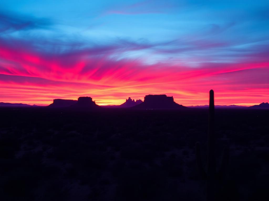 Dramatic twilight sky with magenta clouds over silhouetted Arizona mesas